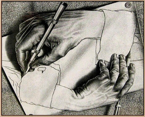 Drawing Hands, 1948 by M.C. Escher In Escher’s ‘Drawing Hands,’ two realities create each other. Therapy often works the same way: you shape the story that shapes you. In therapy with English-speaking psychologist Aditi Chauhan in Italy.